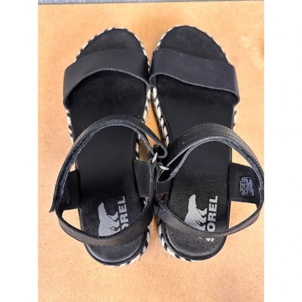 Sorel Cameron Flatform Sandals Black Leather Chevron Espadrille Womens 10 NL4012